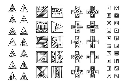 Set of vector tribal signs, symbols, icons. Hand drawn elements for patterns, wallpapers, fabric. Black and white collection. Triangles, squares, rectangles