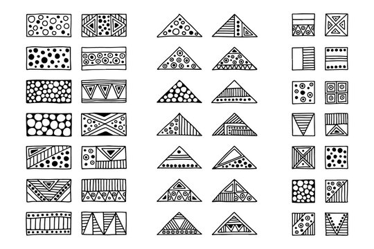 Set of vector tribal signs, symbols, icons. Hand drawn elements for patterns, wallpapers, fabric. Black and white collection. Triangles, cross, squares, rectangles