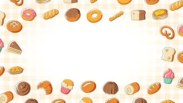 Bakery moving swirl frame pattern background cartoon hand drawing illustration isolated on white background seamless looping animation 4K, with center copy space