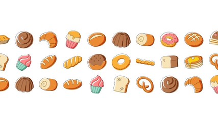 Bakery moving pattern background cartoon hand drawing illustration isolated on white background seamless looping animation 4K, with center copy space