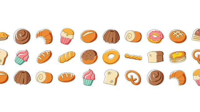 Bakery moving pattern background cartoon hand drawing illustration isolated on white background seamless looping animation 4K, with center copy space