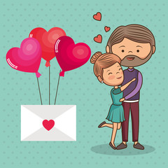 couple lovers with envelope and balloons helium