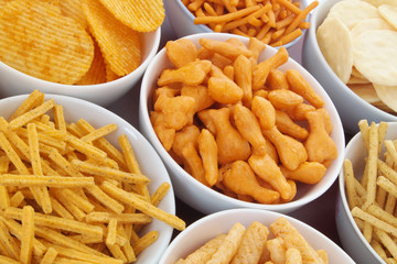 Many snackes on table close up, fast food concept