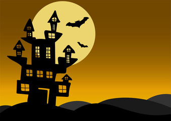 Halloween vector background with dark castle, moon and bat silhouette style of sunset orange light