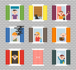 Various neighbors seen through the windows of the building walls. flat design style vector graphic illustration set