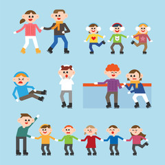Obraz na płótnie Canvas People of cute characters riding ice skates. flat design style vector graphic illustration set