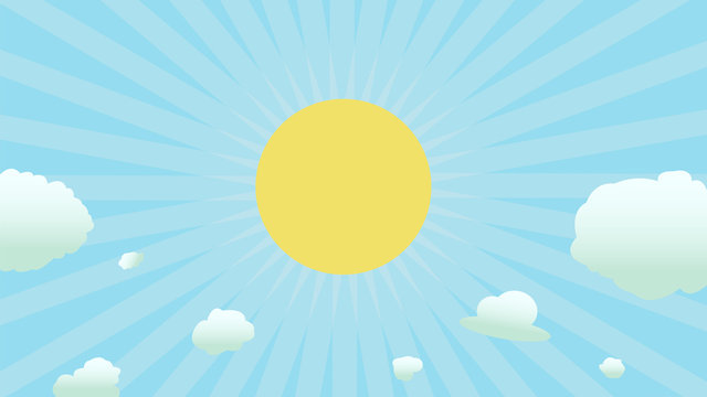 Bright sun with shinny and clouds vector illustration.Summer concept.Flat sun shine on sky background