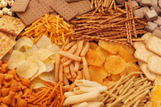 Snack food background, sticks, chips, crackers