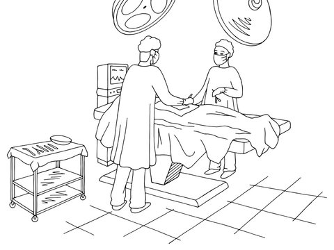 Operating room graphic black white interior sketch illustration vector. Surgeon performing an operation
