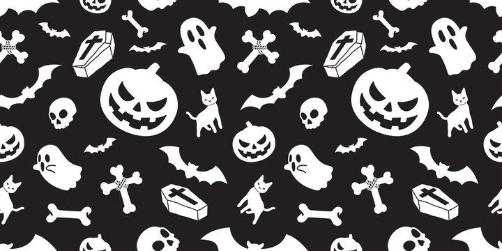 Halloween seamless pattern spooky vector pumpkin bat ghost Dracula coffin skull bone scarf isolated illustration tile background wallpaper