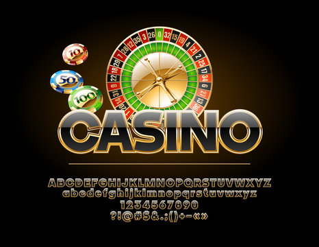 Vector Luxury Casino Emblem with roulette wheel and chips. Set of royal Golden and Black Alphabet.