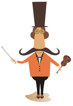 Cartoon long mustache violinist illustration. Smiling mustache man in the top hat with violin and fiddlestick isolated illustration 
