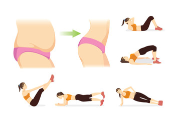 5 Moves to Burn belly fat to flat Stomach with workout. Illustration about body and exercise.