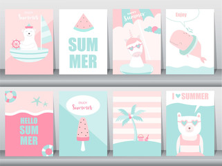 Fototapeta na wymiar Set of summer card on pattern design,poster,template,greeting,animal,cool,ice cream,้holidays,Vector illustrations