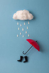 umbrella and rain boots under the cloud on sky blue background