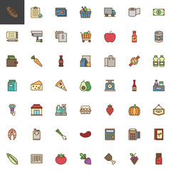 Grocery products filled outline icons set, line vector symbol collection, linear colorful pictogram pack. Signs, logo illustration, Set includes icons as Bread, Basket, Shopping cart, Apple, Wallet
