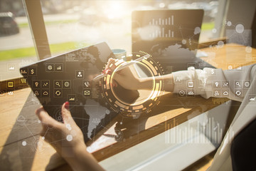 Internet, Business and technology concept. Icons, diagrams and graphs background on virtual screen.