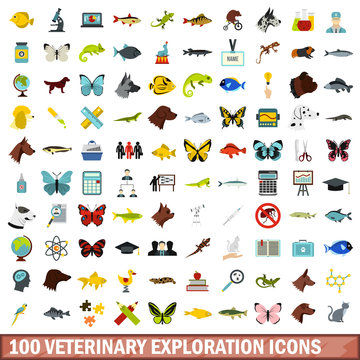 100 veterinary exploration icons set in flat style for any design vector illustration