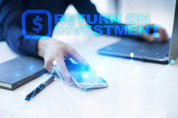 ROI, Return on investment business and technology concept. Virtual screen background.