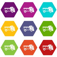 Toy truck icon set many color hexahedron isolated on white vector illustration