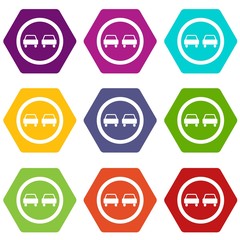 No overtaking road traffic sign icon set many color hexahedron isolated on white vector illustration