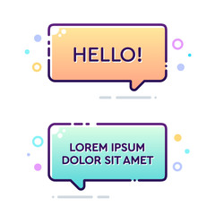 Set of vector bold dashed outline stroke banners. Rectangular speech bubble shape. Nice and cute design template with colorful elements. Peach orange and blue cyan colors.