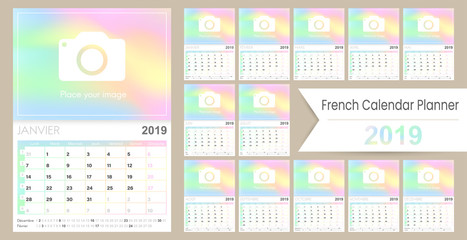 French calendar 2019 / French calendar planner 2019, week starts on Monday, set of 12 months January - December, calendar template size A4, simple holographic design template, vector illustration