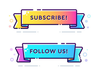 Set of vector bold dashed outline stroke banners. Flat ribbon shape. Nice and cute design template with colorful elements. Subscribe and Follow Us labels.