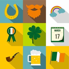 Saint Patrick day icon set. Flat style set of 9 Saint Patrick day vector icons for web design