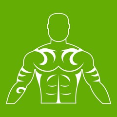 Muscular man with tattoo icon white isolated on green background. Vector illustration