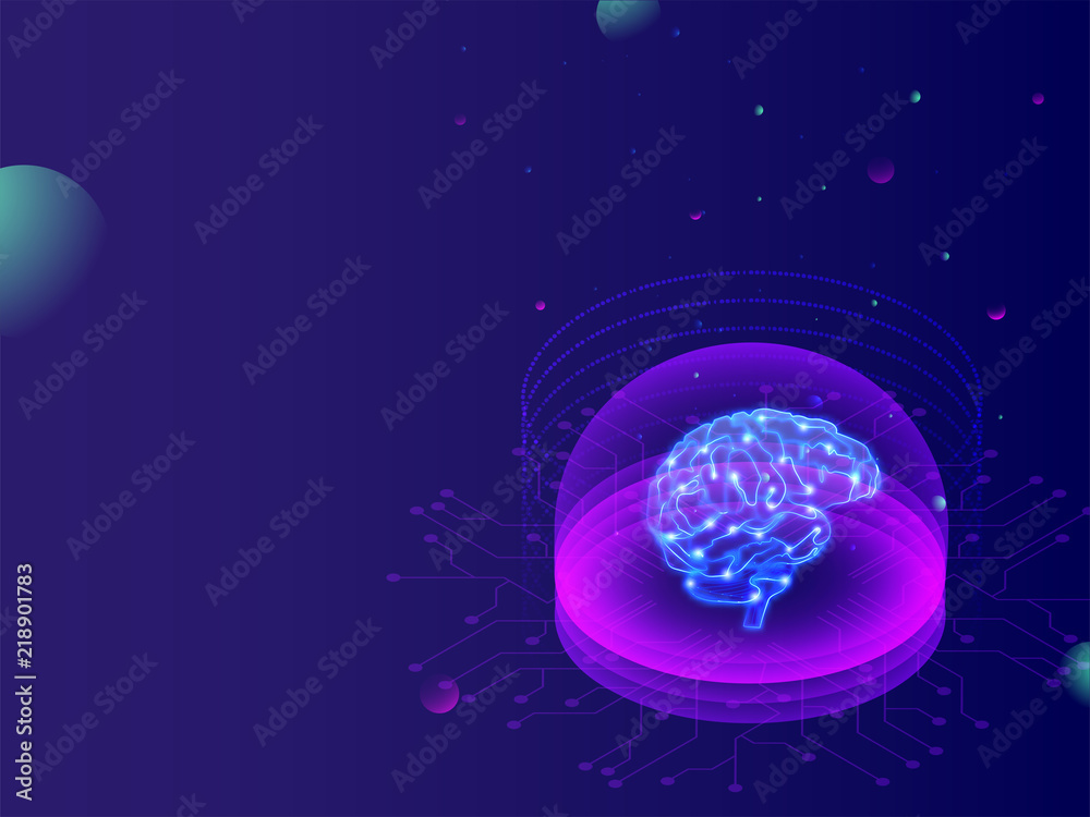 Sticker machine learning concept, digital brain between purple rays on abstract blue background.