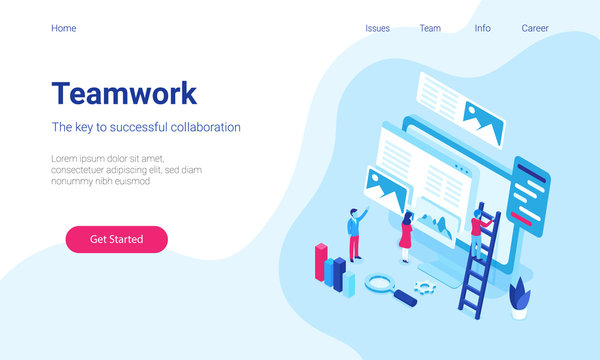 Modern flat design hero image with miniature people trying to fix website together. Concept for Teamwork. Responsive landing page.