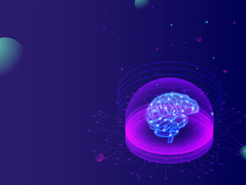 Machine learning concept, digital brain between purple rays on abstract blue background.