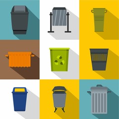 Garbage container icon set. Flat style set of 9 garbage container vector icons for web design