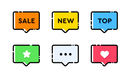 Set of vector bold dashed outline stroke tags or labels. Rectangular speech bubble shape. Nice and cute design template with colorful elements. Peach orange and blue cyan colors.