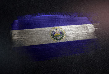 El Salvador Flag Made of Metallic Brush Paint on Grunge Dark Wall