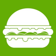 Burger icon white isolated on green background. Vector illustration