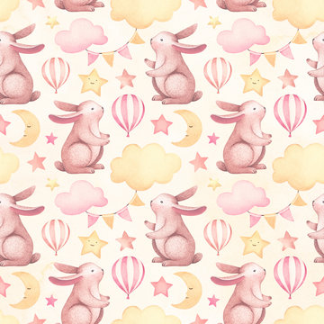 A watercolor illustration of the cute bunny. Seamless pattern