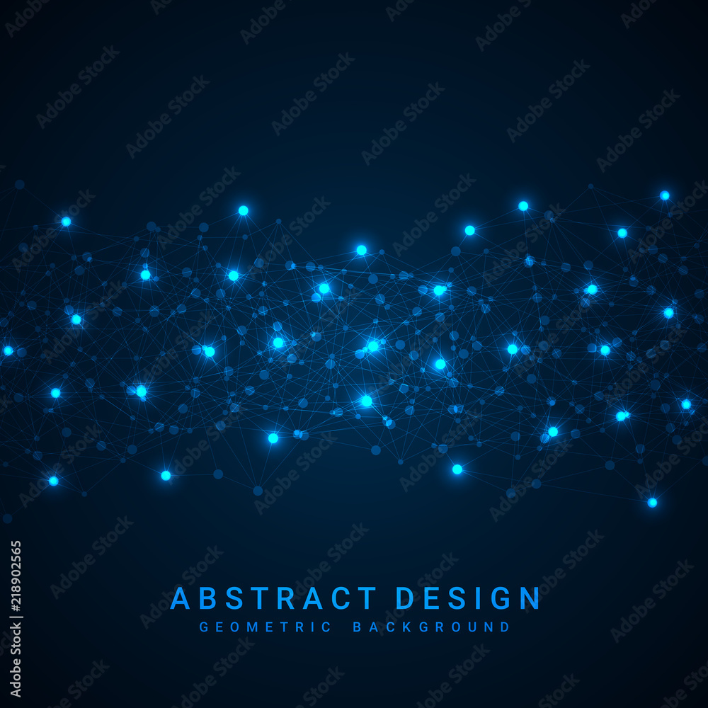 Poster Abstract blue polygonal background with connecting dots and lines. Data and technology concept, network connection