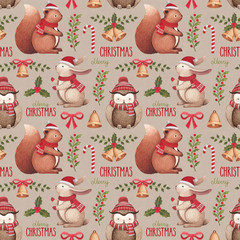 Watercolor christmas illustrations. Seamless pattern