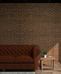 living room interior design loft-style 3d rendering wall brick with leather sofa,wood table and vase