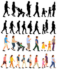 walking people with children, flat style, set