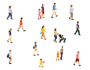 isolated, walking people with children, flat style, set