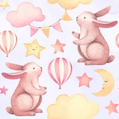 Wall murals Rabbit A watercolor illustration of the cute bunny. Seamless pattern