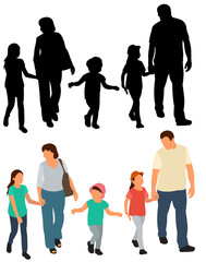 vector, isolated, walking people with children, flat style