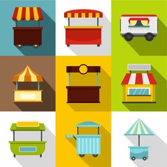 Market stall icon set. Flat style set of 9 market stall vector icons for web design