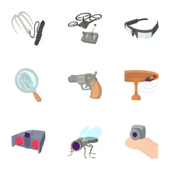 Secret agent equipment icons set. Cartoon set of 9 secret agent equipment vector icons for web isolated on white background