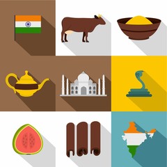 India icon set. Flat style set of 9 India vector icons for web design