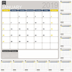 English calendar 2019 / English calendar template for year 2019, set of 12 months, week starts on Sunday, printable calendar template, calendar planner 2019, vector illustration