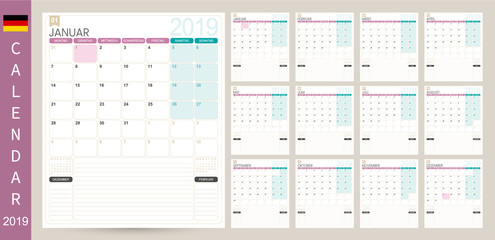 German calendar 2019 / German calendar planner 2019, week starts on Monday, set of 12 months January - December, simple calendar template, set desk calendar template, vector illustration